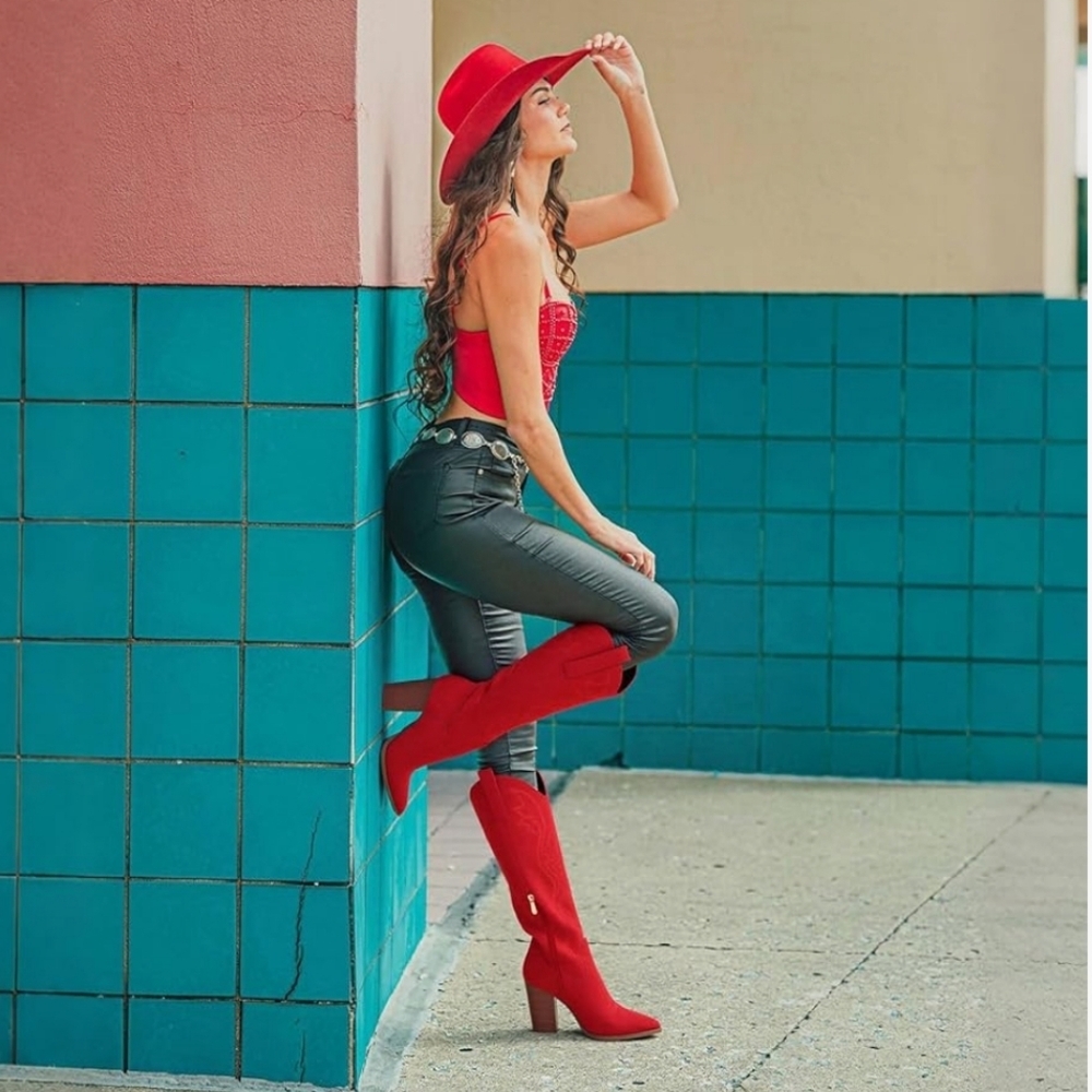 Red Suede Knee-High Boots - Picture 6 of 16